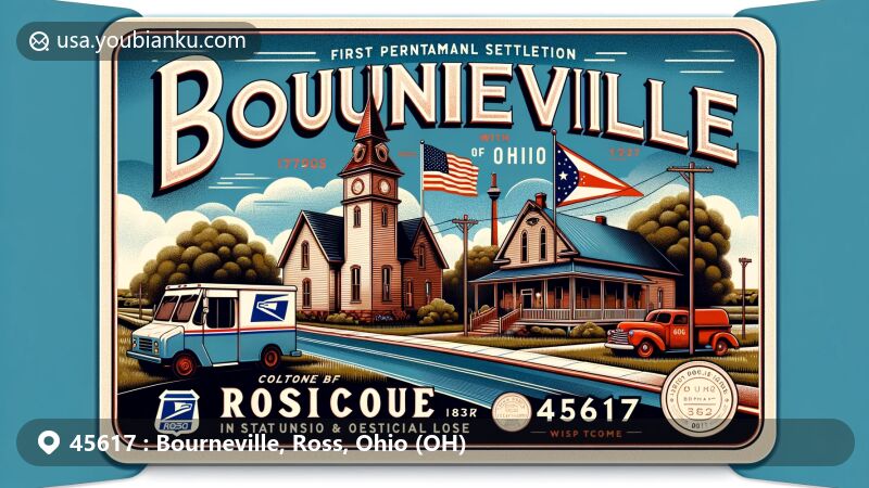Modern illustration showcasing the essence of Bourneville, Ohio, ZIP code 45617, with historical marker, vintage postcard design, postal truck, and mailbox, integrated with the town's landscape and history.