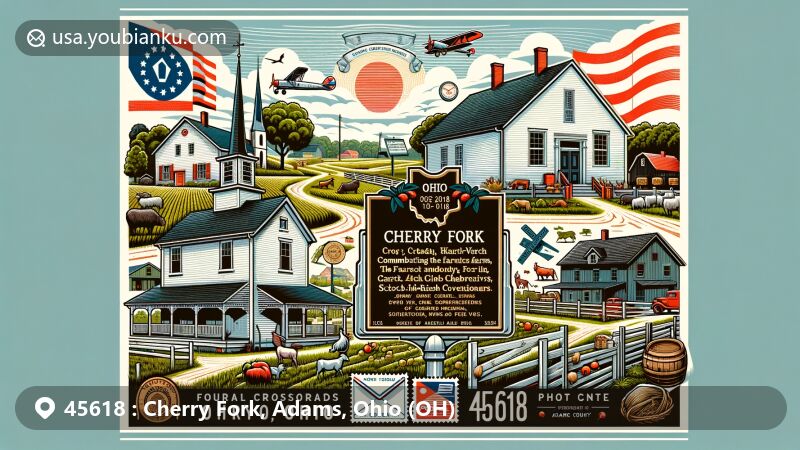 Modern illustration of Cherry Fork, Adams County, Ohio, showcasing rural village with white clapboard houses, farms, and Scotch-Irish Covenanters plaque, featuring agricultural elements and postal theme with vintage air mail envelope and ZIP code 45618.