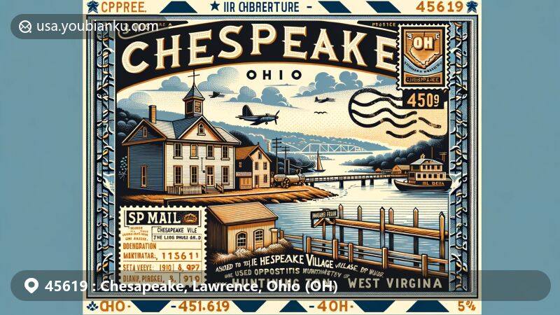 Modern illustration of Chesapeake, Ohio, Lawrence County, showcasing historic postal theme with ZIP code 45619, featuring Ohio River connection to Huntington, West Virginia, and iconic Chesapeake Village Jail stamp.