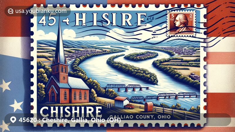 Modern illustration of Cheshire, Gallia County, Ohio, featuring ZIP code 45620, Ohio River, Gallia County outline, Old Kyger Freewill Baptist Church, vintage postcard frame, postal stamp, and postmark effect.