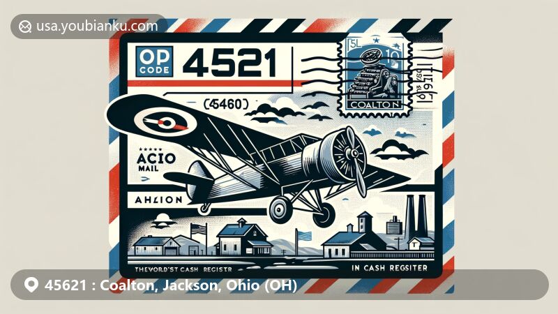 Modern illustration of Coalton, Jackson County, Ohio, showcasing postal theme with ZIP code 45621, featuring vintage aviation envelope with Ohio state flag, Coalton landmarks, and the first cash register.