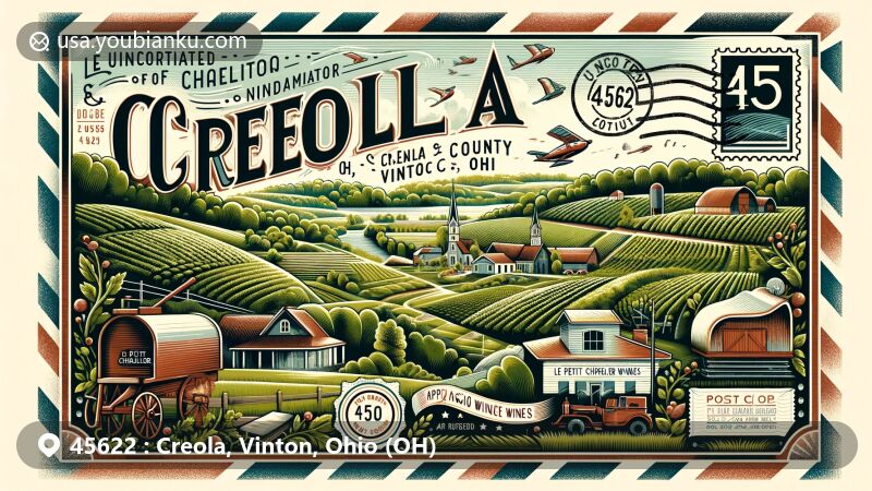 Modern illustration of Creola, Vinton County, Ohio, embodying rural charm with rolling hills, forests, and farmland, featuring Le Petit Chevalier Vineyards & Farm Winery and postal elements.