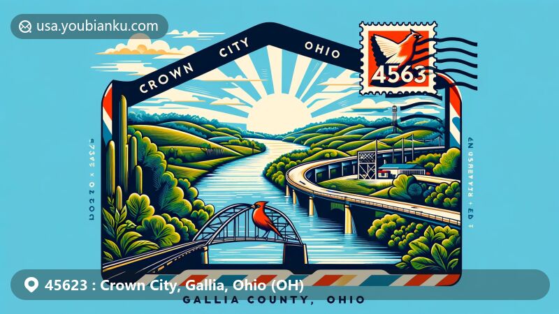 Modern illustration of Crown City, Gallia County, Ohio, showcasing postal theme with ZIP code 45623, featuring Ohio symbol and scenic Ohio River landscapes.