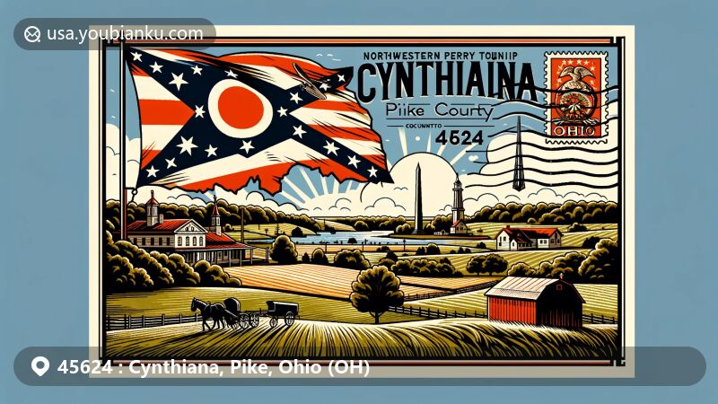 Modern illustration of Cynthiana, Pike County, Ohio, capturing postal theme with ZIP code 45624, encompassing the local area's geography, Ohio state flag, and serene rural landscape.