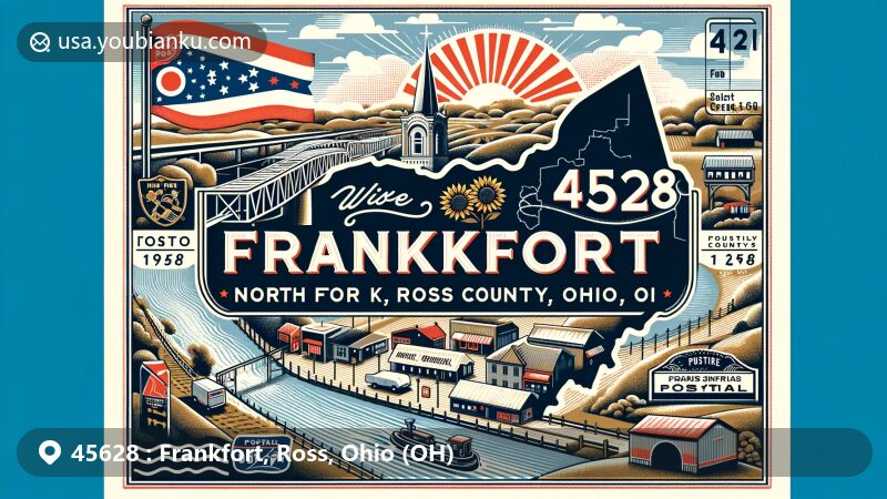 Modern illustration of Frankfort, Ross County, Ohio, with ZIP code 45628, showcasing the charm and characteristics of the area, including North Fork of Paint Creek, Sunflower Festival, and Ohio symbols.