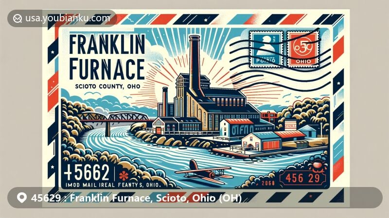 Modern postcard-style illustration of Franklin Furnace, Scioto County, Ohio, emphasizing historical iron ore furnace, Ohio River, and postal elements, showcasing ZIP code 45629.