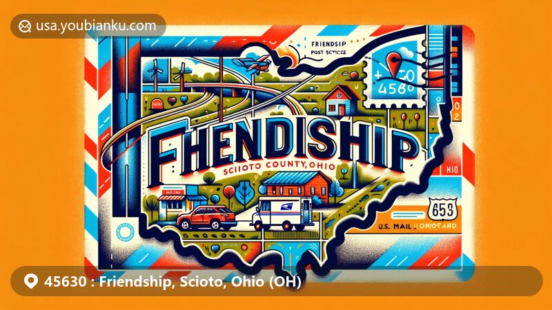 Modern illustration of Friendship, Scioto County, Ohio, featuring postal theme with ZIP code 45630, showcasing U.S. Route 52 and Friendship post office stamp.