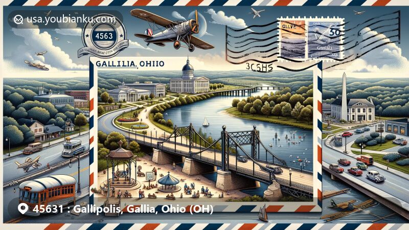 Modern illustration of Gallipolis, Gallia, Ohio, showcasing postal theme with ZIP code 45631, featuring Ohio River, Silver Memorial Bridge, Gallipolis City Park, Kerr Memorial Fountain, Bandstand, Spirit of the American Doughboy, vintage air mail envelope, postal stamps, postmark, and post box or mail carrier vehicle.