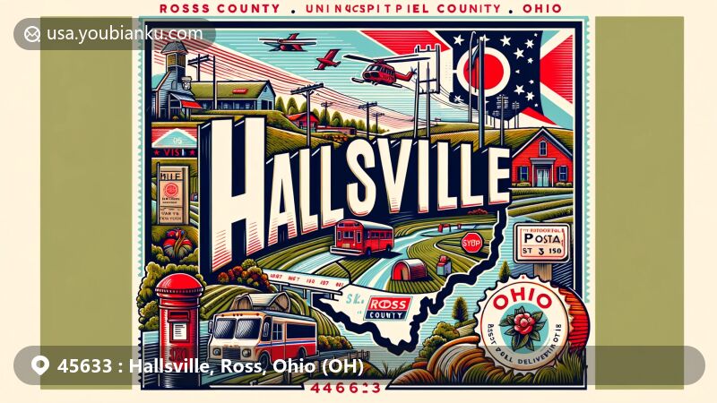 Modern illustration of Hallsville in Ross County, Ohio, featuring postal theme with ZIP code 45633, showcasing a stylized map, Ohio state flag, and iconic postal symbols, along with natural scenery.