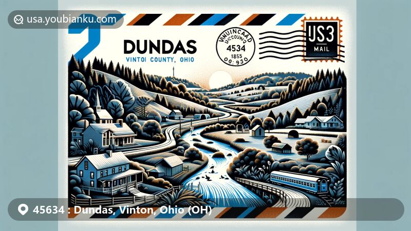 Unique illustration of Dundas, Vinton County, Ohio, blending natural and cultural elements with postal theme, showcasing Raccoon Creek watershed, historic buildings, and '45634' ZIP code.