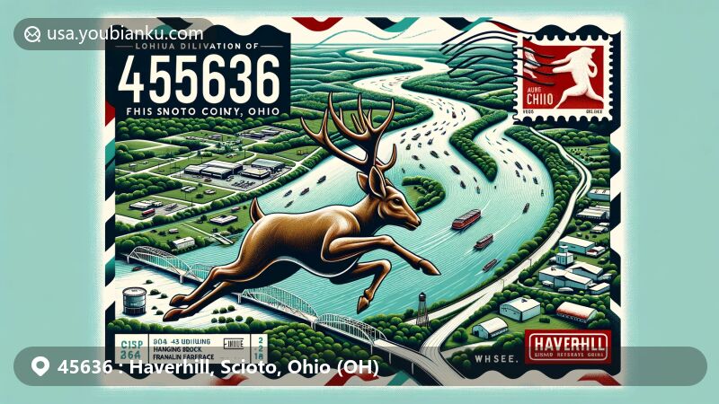 Modern illustration of Haverhill, Scioto County, Ohio, showcasing postal theme with ZIP code 45636, featuring Ohio River, Hanging Rock, Franklin Furnace, and a vintage airmail envelope with the Scioto Lounge Deer Sculptures stamp.