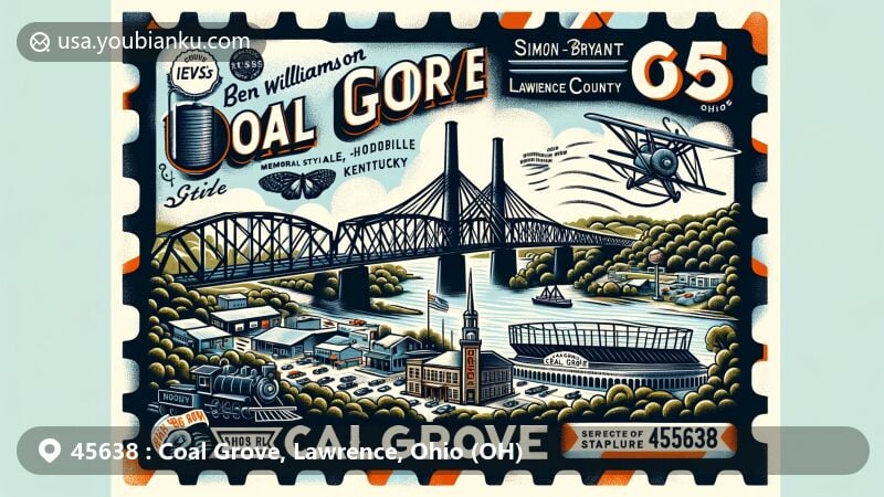 Modern illustration of Coal Grove, Ohio, in Lawrence County, showcasing postal theme with ZIP code 45638, featuring Ben Williamson Memorial Bridge, Simeon Willis Memorial Bridge, Lemaster Stadium, lush greenery, and vintage postal elements.