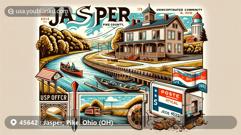 Modern illustration of Jones-Cutler House, Jasper, Pike County, Ohio, with ZIP code 45642, featuring scenic Scioto River backdrop, historic landmark, Ohio and Erie Canal representation, and postal theme.