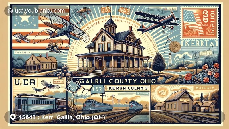 Modern illustration of Kerr, Gallia County, Ohio, blending postal theme with local landmarks like French Art Colony and Gallipolis Railroad Freight Station, showcasing French settlers' heritage and Wayne National Forest.