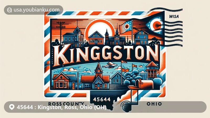Modern illustration of Kingston, Ross County, Ohio, featuring postal theme with ZIP code 45644, incorporating Ohio state flag silhouette and small-town atmosphere.