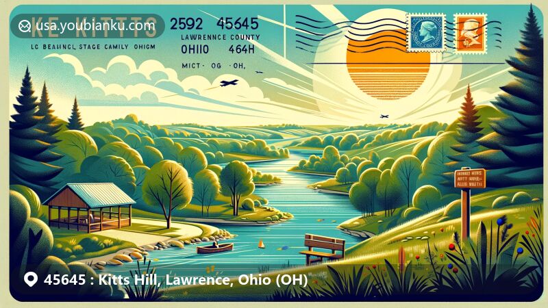 Modern illustration of Kitts Hill, Lawrence County, Ohio, capturing the serene landscape and outdoor activities like hiking, biking, and fishing near rivers and lakes, featuring a postcard design with postal themes and the ZIP code 45645.