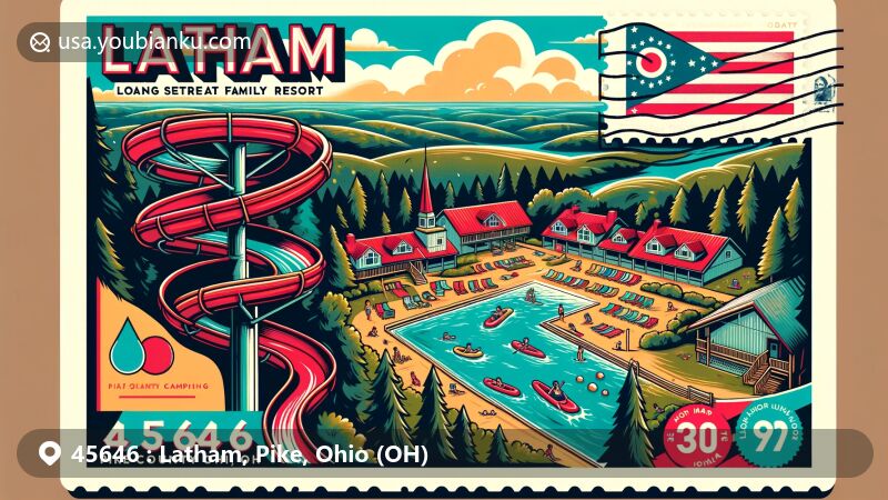 Creative postcard-style illustration of Latham, Pike County, Ohio, featuring Long's Retreat Family Resort with water slides, beach swimming, and kayaking, set against Ohio's lush natural backdrop.