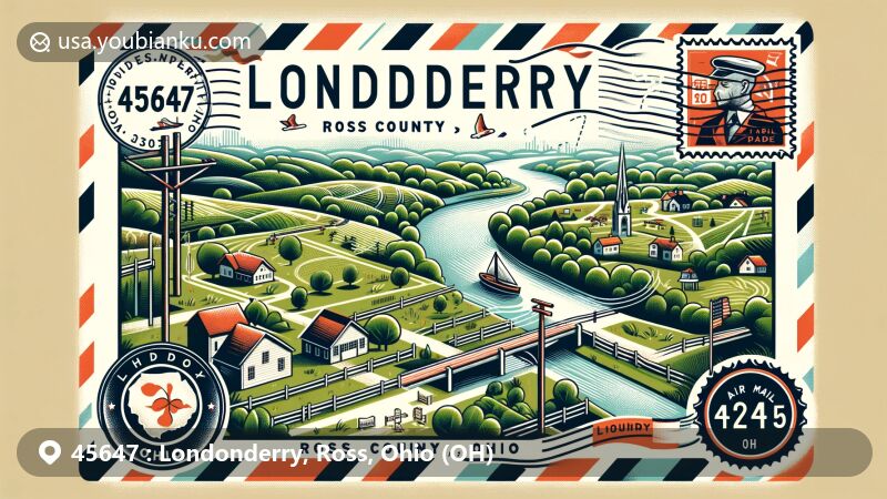 Modern illustration of Londonderry, Ross County, Ohio, showcasing peaceful and family-friendly environment with green parks and outdoor activities, vintage postcard design, including local landscape and Ohio state symbols.