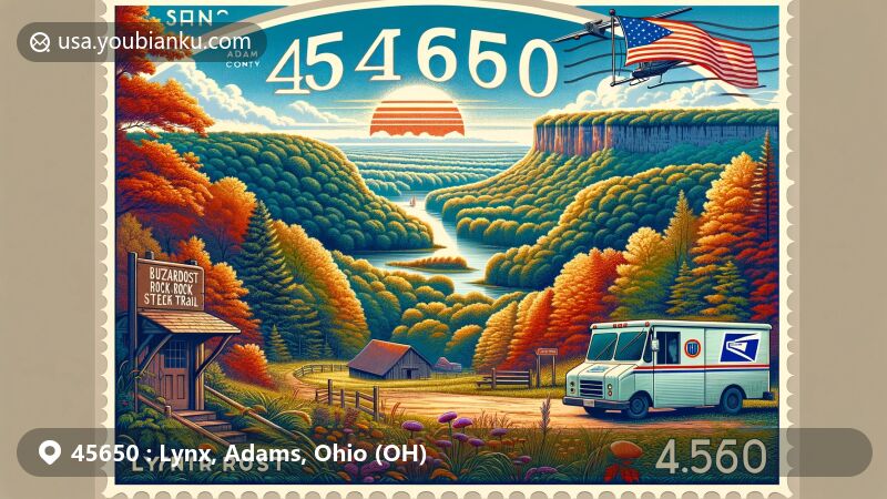 Modern illustration of Lynx, Adams County, Ohio, capturing the area's natural beauty with Buzzardroost Rock Trail vista, Lynx Prairie's ecological diversity, and postal elements including ZIP code 45650 and old-fashioned post office sign.
