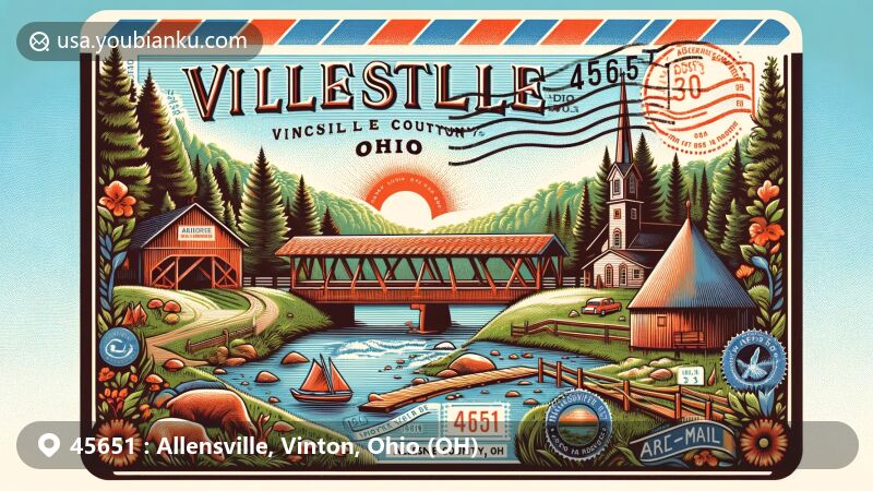 Modern illustration of Allensville, Vinton County, Ohio, featuring postal theme with ZIP code 45651, highlighting natural beauty like Wayne National Forest and Lake Alma State Park, along with cultural landmarks such as covered bridges and Moonville Tunnel.