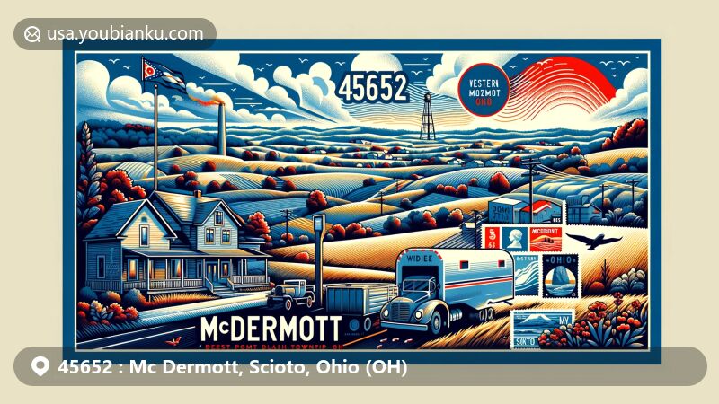 Modern illustration of McDermott, Scioto County, Ohio, featuring rural landscapes and Ohio state symbols, with postal elements like vintage postcards and stamps, emphasizing ZIP code 45652.