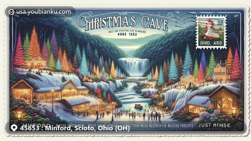 Modern illustration of Minford, Ohio, in Scioto County, capturing the Appalachian Plateau's lush forests and rolling hills, depicting the Christmas Cave Display at White Gravel Mines with vibrant lights and decorations, framed in a vintage postcard style with a postal stamp featuring ZIP code 45653 and local flora and fauna.