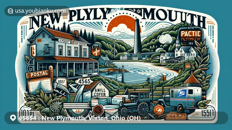 Modern illustration of New Plymouth, Vinton County, Ohio, portraying ZIP code 45654 in a postcard-style design, featuring historic post office and local landmarks like Ravenwood Castle and Hope Iron Furnace.
