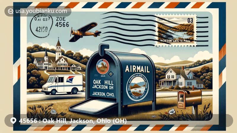 Modern illustration of Oak Hill, Jackson, Ohio, showcasing postal theme with ZIP code 45656, featuring Welsh-American Heritage Museum and Jackson Lake State Park.