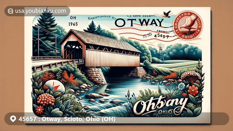 Modern illustration of Otway Covered Bridge in Scioto County, Ohio, showcasing vintage postcard design with ZIP code 45657, surrounded by natural elements.