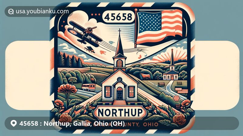 Modern illustration of Northup, Gallia County, Ohio, featuring ZIP code 45658 merging postal elements with Ohio's regional characteristics, including Wayne National Forest, Ohio state flag, Gallia County outline, and traditional Baptist church.