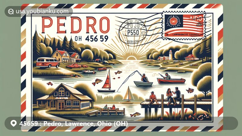 Modern illustration of Pedro, Lawrence County, Ohio, highlighting postal theme with ZIP code 45659, featuring Ohio state flag and local businesses.