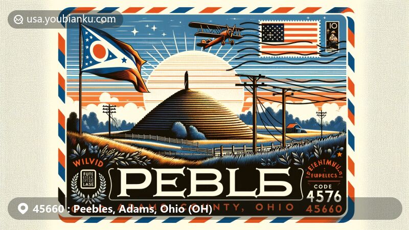 Modern illustration of Peebles, Ohio, highlighting the Great Serpent Mound landmark and postal theme with ZIP code 45660, incorporating vintage postcard design and Ohio state flag.