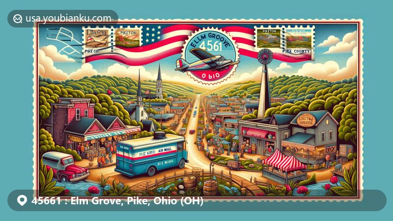 Modern illustration of Elm Grove and Piketon, Pike County, Ohio, featuring ZIP code 45661, showcasing diverse natural scenery of valleys, streams, and ridges. Capturing Piketon and Elm Grove's cultural essence with festive Elm Grove Days atmosphere.