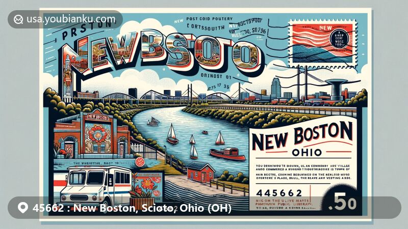 Modern illustration of New Boston, Scioto, Ohio, showcasing Ohio River, Portsmouth Floodwall Murals, and New Boston (Vern Riffe) Branch of the Portsmouth Public Library, with postal theme incl. ZIP code 45662.
