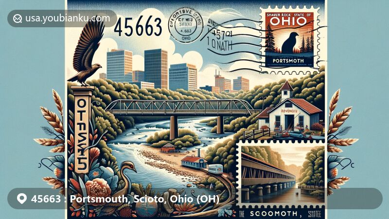 Modern illustration of Portsmouth, Scioto County, Ohio, with ZIP code 45663, featuring floodwall murals, Raven Rock State Nature Preserve with natural arches, Otway Bridge over Scioto Brush Creek, and Shawnee State Forest depicted on a postage stamp.