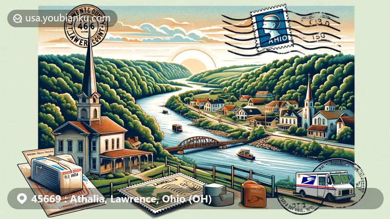 Modern illustration of Athalia, Ohio, showcasing Lawrence County's lush landscapes, Wayne National Forest, and a postal theme with vintage postcard, Ohio River postage stamp, ZIP code 45669, mailbox, and postal truck.