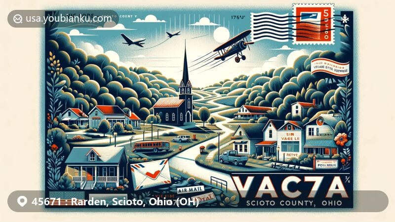 Modern illustration of Rarden, Scioto, Ohio (OH), capturing the scenic beauty and postal theme of ZIP code 45671, featuring air mail envelope, postage stamps, and postmark.