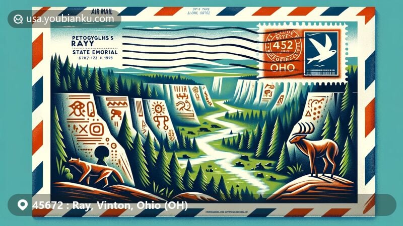 Modern illustration of Leo Petroglyphs State Memorial near Ray, Ohio, featuring ancient petroglyphs integrated into lush forested landscape, with a stylized air mail envelope highlighting ZIP code 45672 and Ohio state symbols.