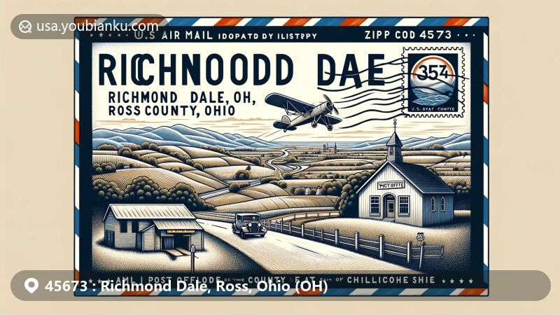 Modern illustration of Richmond Dale, Ross County, Ohio, showcasing postal theme with ZIP code 45673, featuring U.S. Route 35 and vintage air mail envelope.