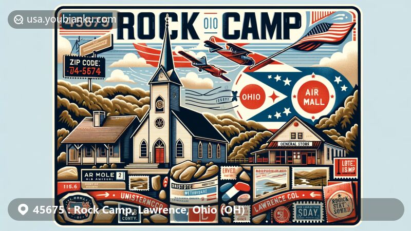 Modern illustration of Rock Camp, Lawrence County, Ohio, featuring Rock Camp United Methodist Church and the general store, set within Appalachian landscape with postal elements like a vintage postcard layout and airmail envelope.