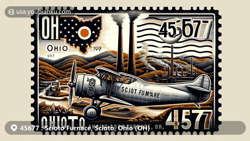 Vintage aviation-themed envelope with Ohio state flag stamp, showcasing Scioto Furnace, Ohio, with ZIP code 45677, and artistic rendition of Hanging Rock Iron Region's industrial history and lush landscape.