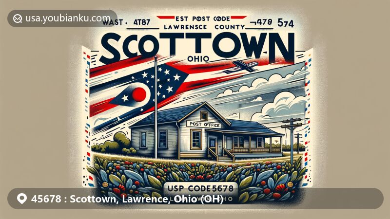 Modern illustration of Scottown, Lawrence County, Ohio, representing ZIP code 45678 with post office and nature-inspired elements, showcasing rural essence and Ohio state flag.