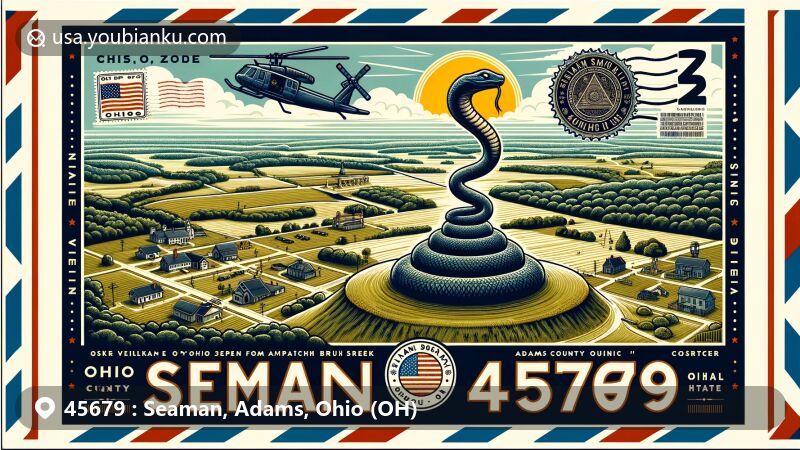 Modern illustration of Seaman, Ohio 45679, showcasing postal theme with ZIP code 45679, featuring Serpent Mound, Seaman Village with State Route 247, and Ohio State Flag.