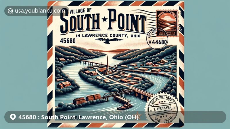 Modern illustration of South Point, Lawrence County, Ohio, with ZIP code 45680, featuring Ohio River and vintage air mail envelope, showcasing village's harmony with nature and industrial heritage.