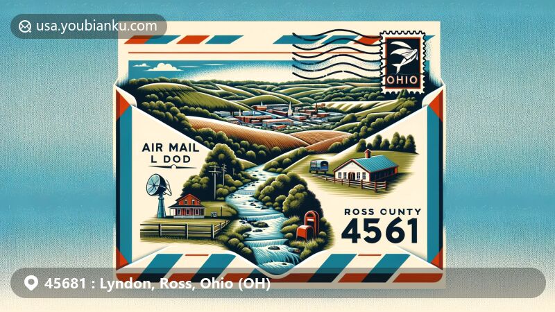 Modern illustration of Lyndon, Ross County, Ohio, featuring postal theme with ZIP code 45681, incorporating natural scenery and postal symbols like post office and Ohio state flag.