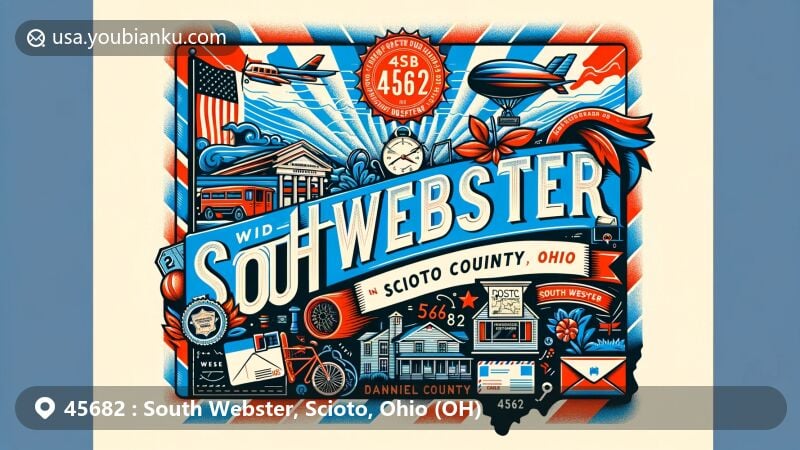 Modern illustration of South Webster, Ohio, showcasing postal theme with ZIP code 45682, featuring Ohio state flag, Scioto County outline, and elements related to Daniel Webster, within an airmail envelope.