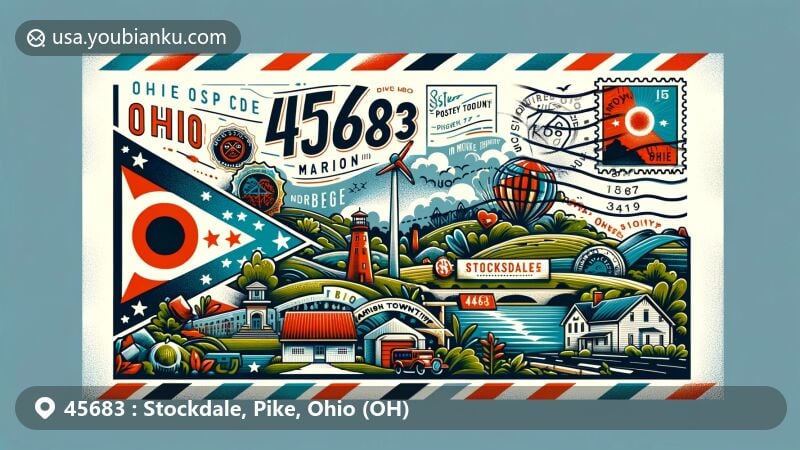 Modern illustration of Stockdale, Pike County, Ohio, with postal theme featuring ZIP code 45683, showcasing Marion Township geography and Ohio state symbols.