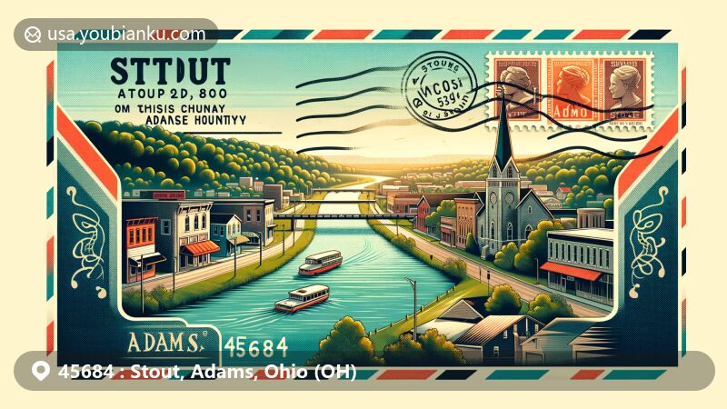 Vintage-style illustration of Stout, Rome, Adams County, Ohio, depicting ZIP code 45684, featuring the Ohio River and local postal motifs.