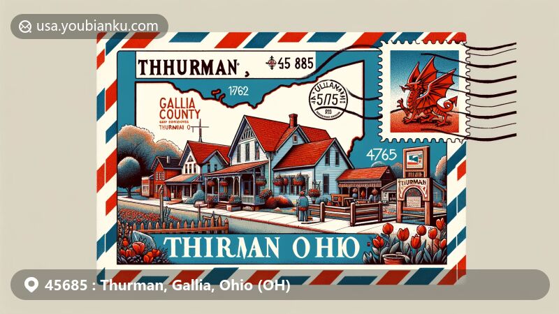 Creative illustration of Thurman (Centerville), Gallia County, Ohio, showcasing airmail envelope with ZIP Code 45685, highlighting Welsh immigrant heritage and emblematic town structures.