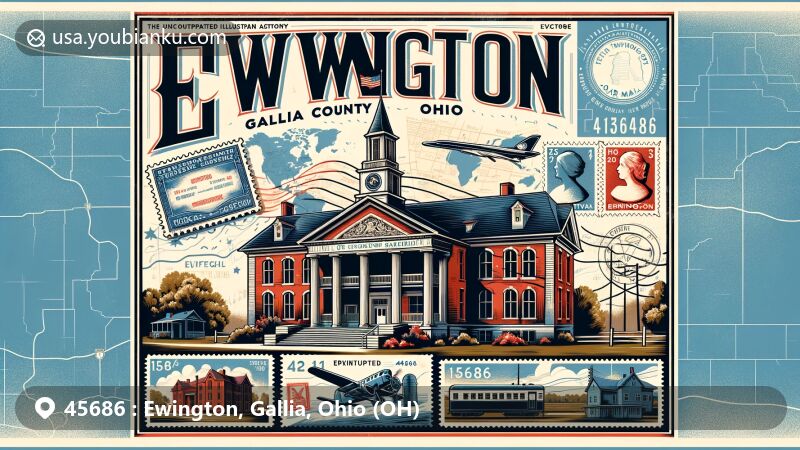 Modern illustration of Ewington area, Gallia County, Ohio, depicting Ewington Academy and postal theme with ZIP code 45686, highlighting educational and historical significance.